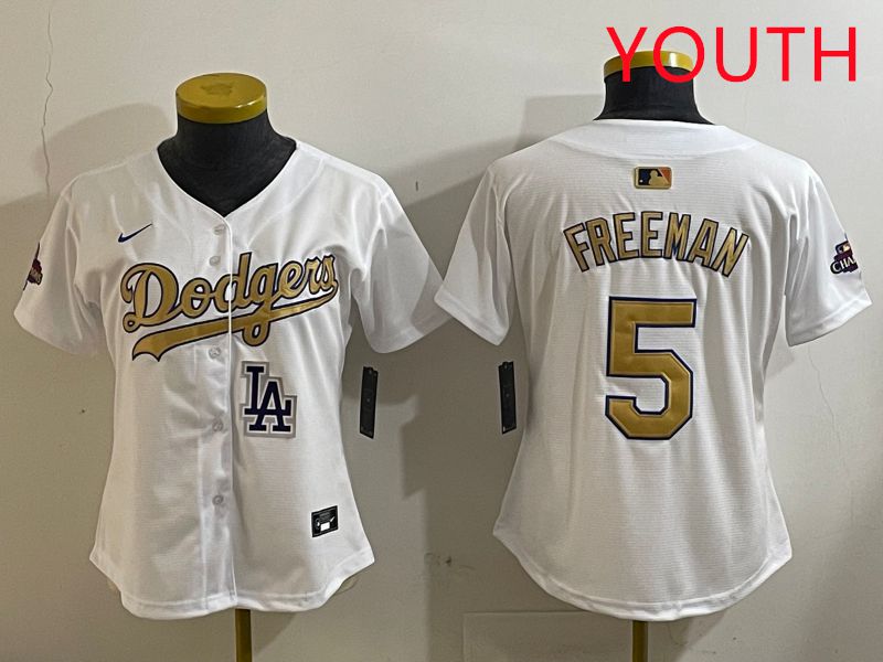 Youth Los Angeles Dodgers #5 Freeman White Champion gold character 2025 Nike MLB Jersey style 4127
